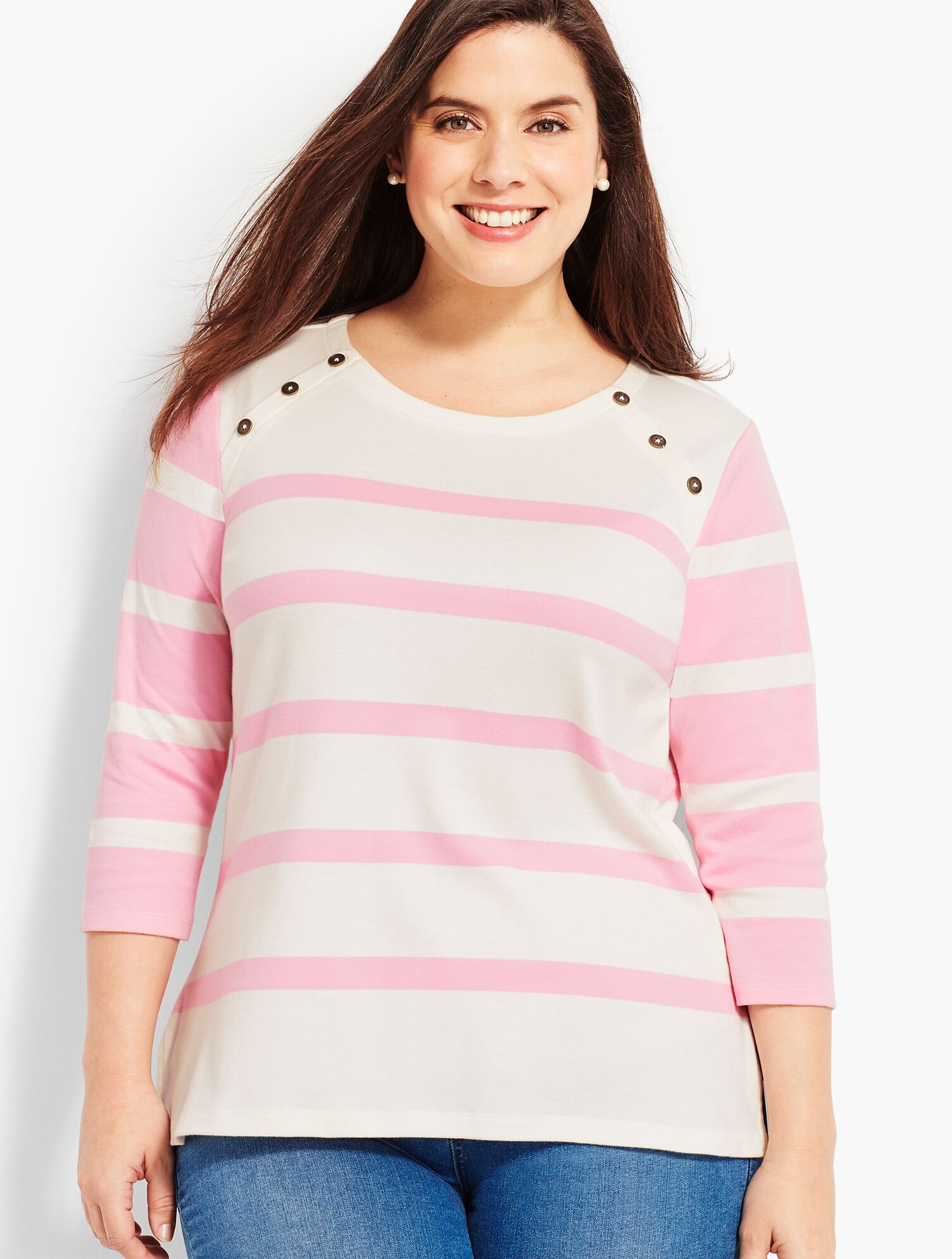 Stripe Button-Shoulder Crewneck Top
