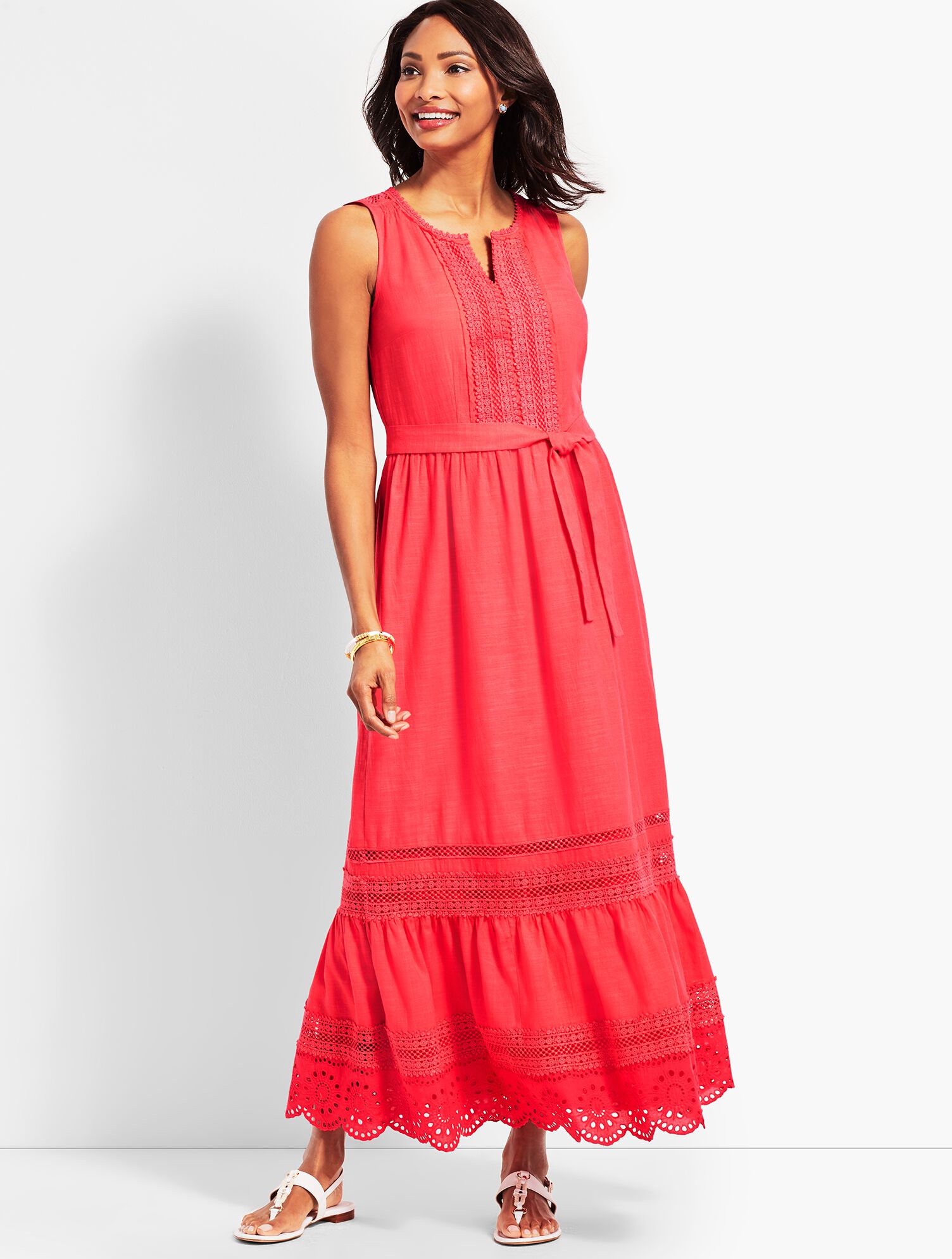 Pintucked Tiered-Hem Gauze Maxi Dress