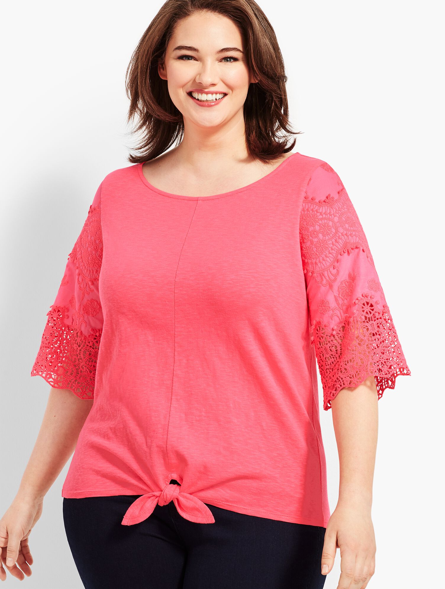 Lace-Sleeve Tie-Front Tee