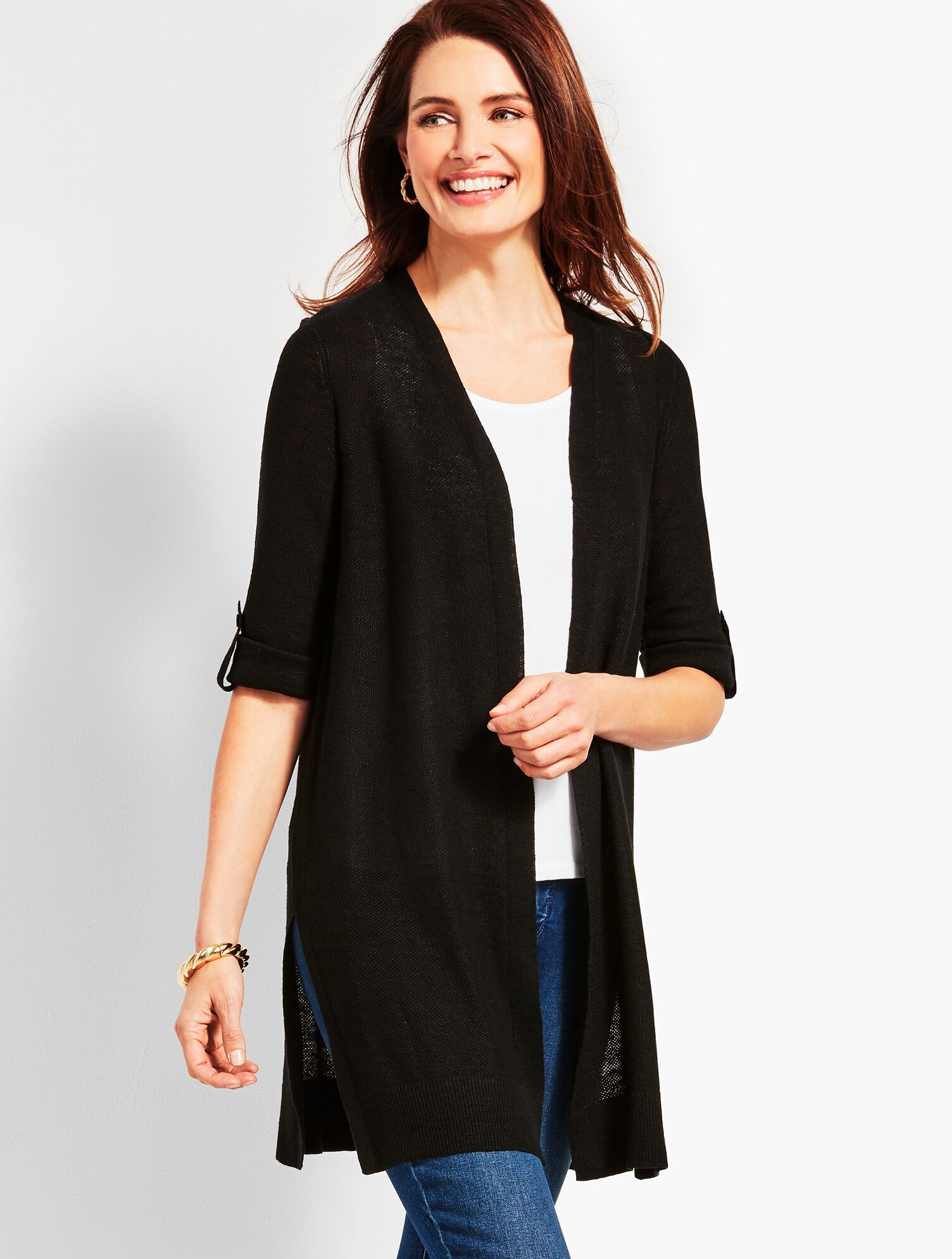Textured Linen Roll-Tab Long Duster