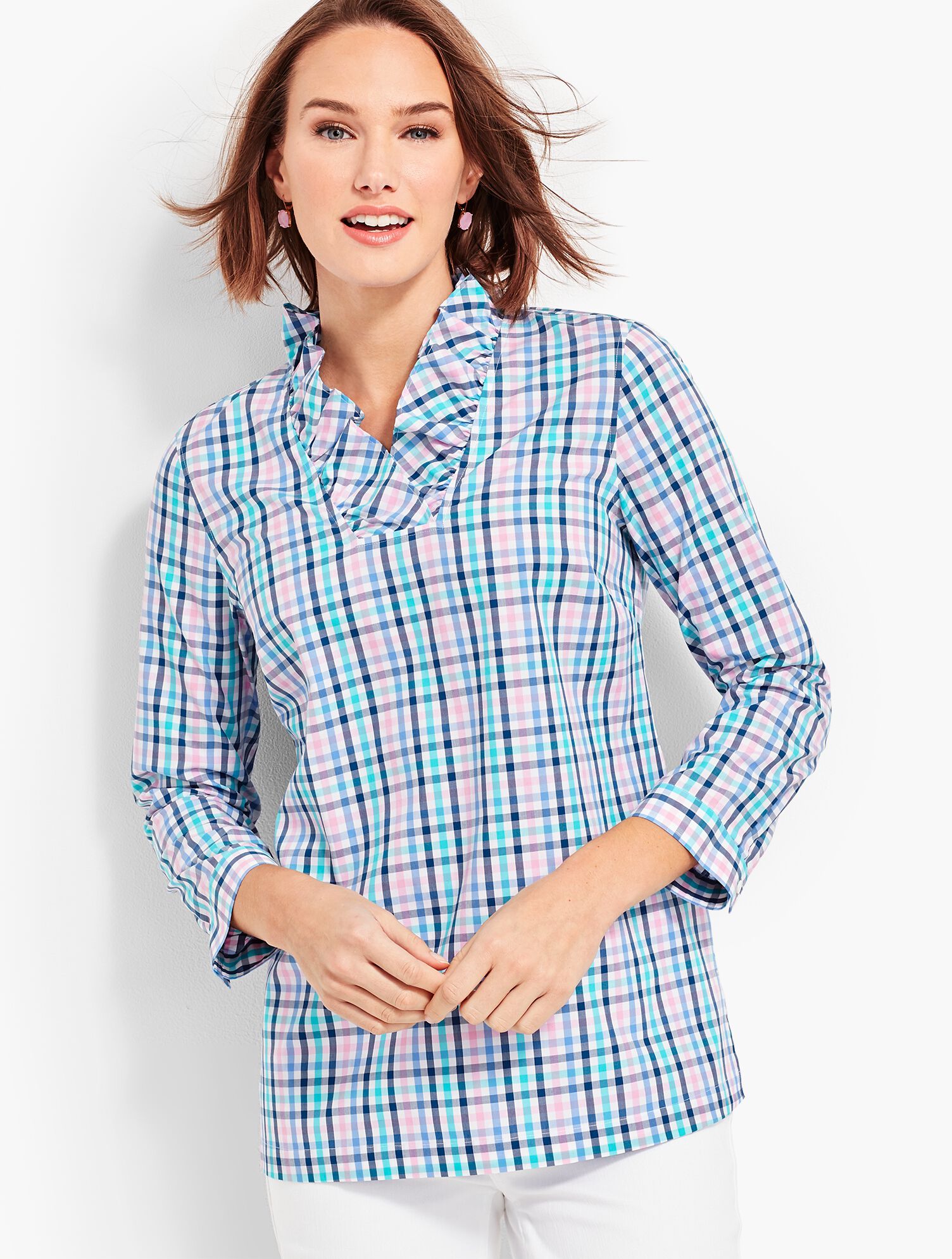 Ruffle-Neck Popover Tunic-Gingham