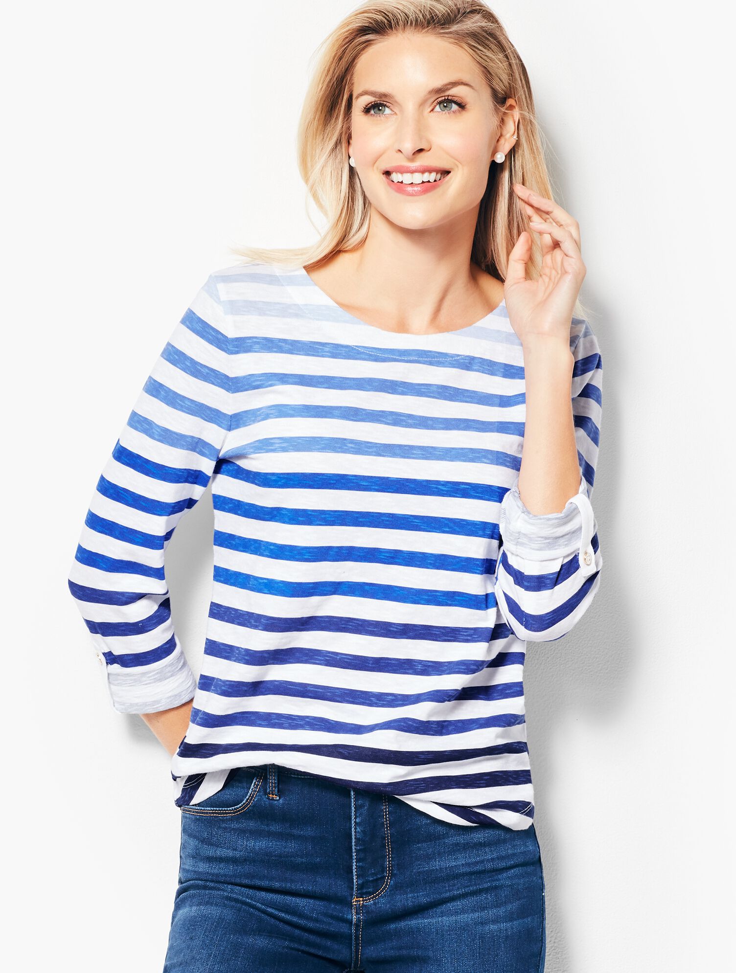 Cotton Roll-Cuff Top - Ombr&eacute; Stripe