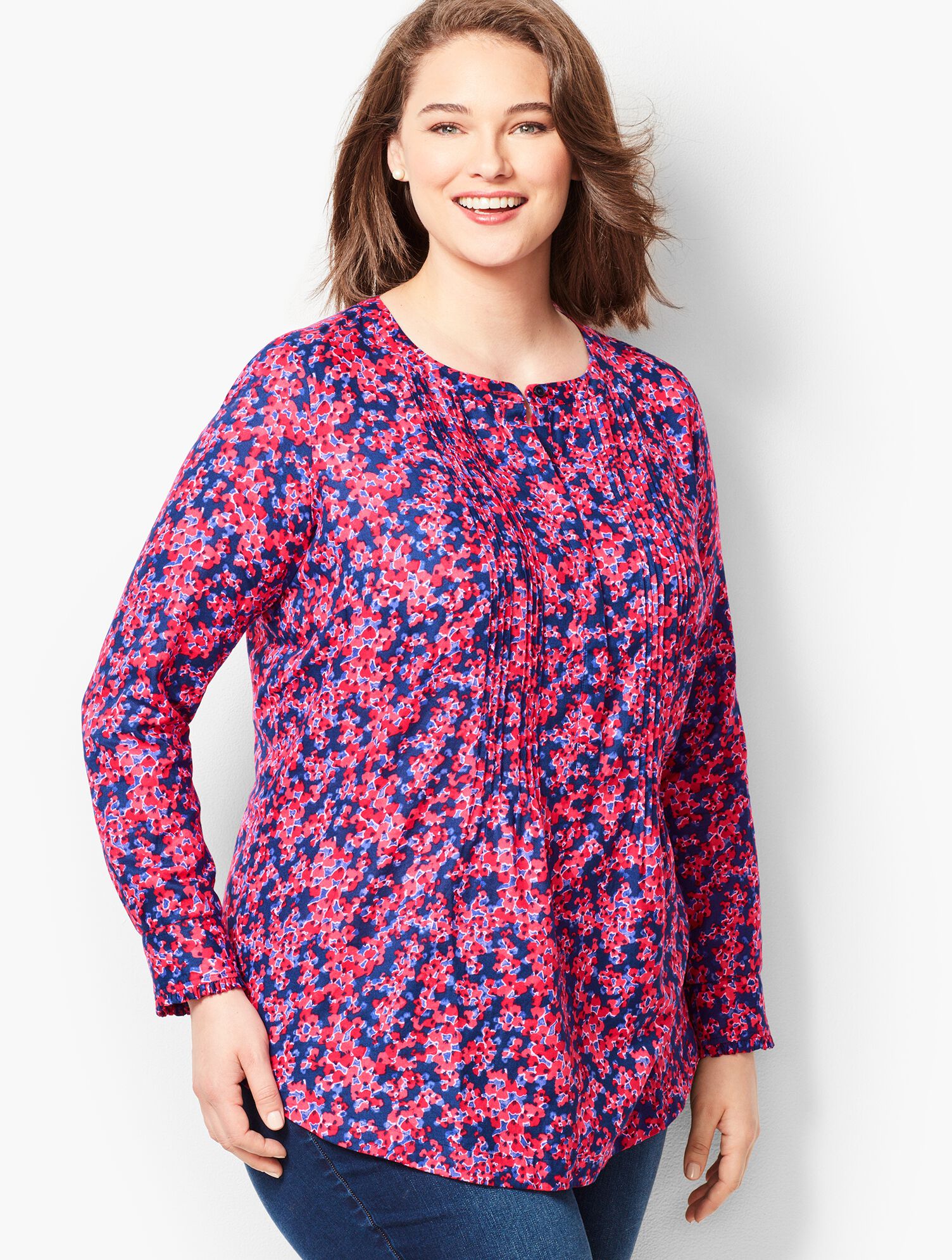 Plus Size Floral Cotton Pintuck Blouse