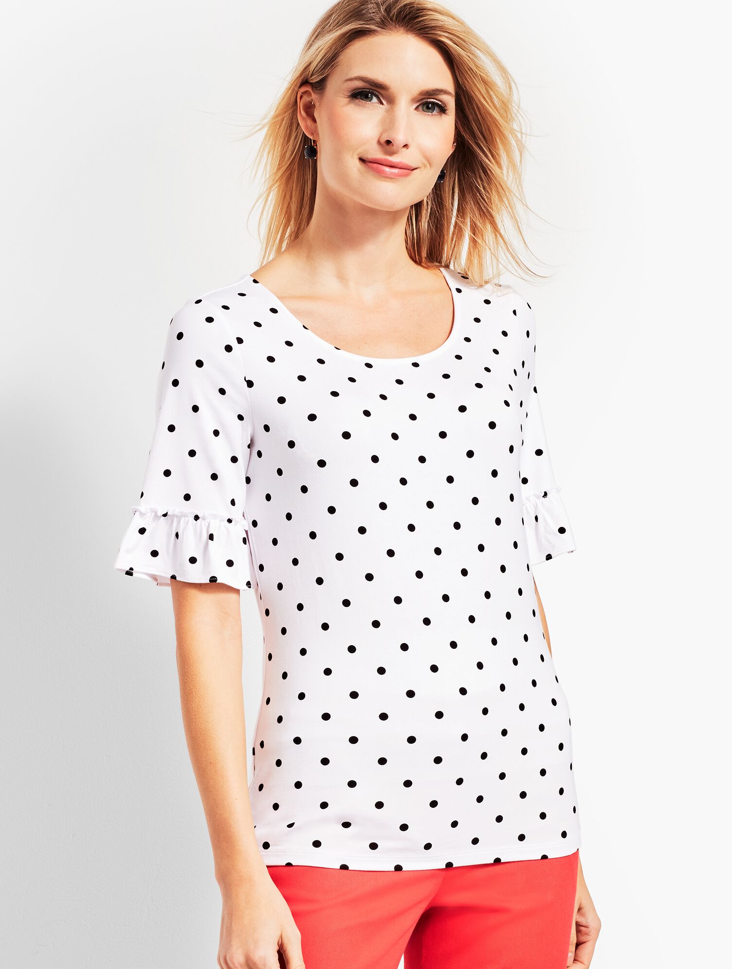 Dotted Flounce-Sleeve Top