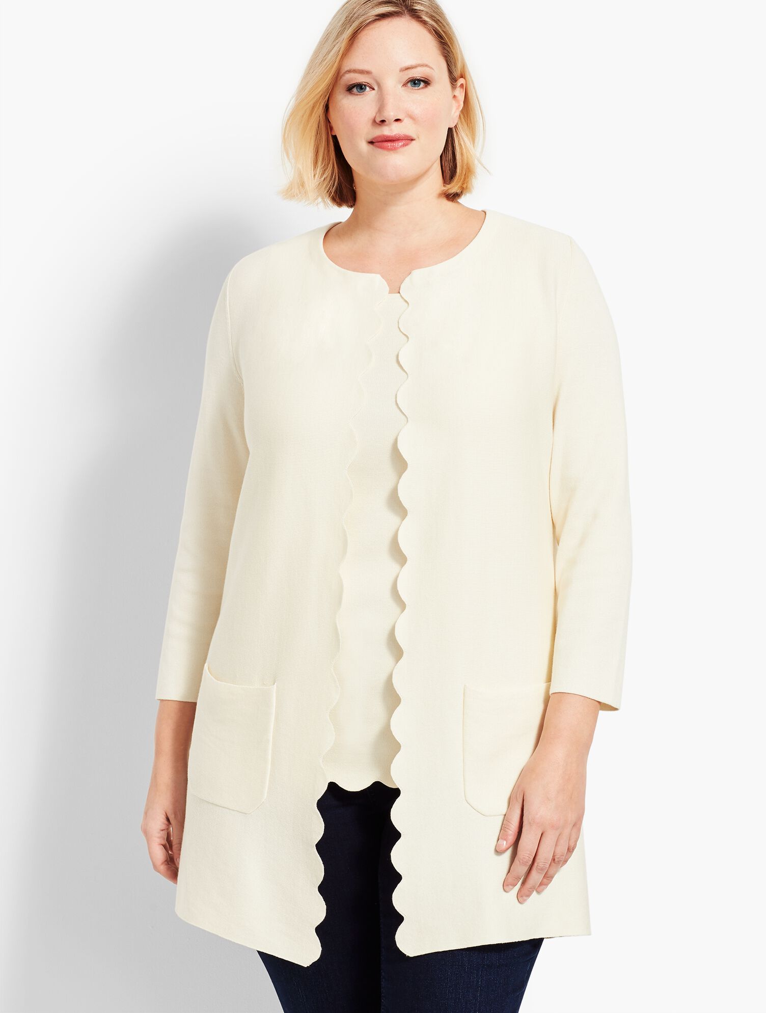 Scallop-Edge Open Front Cardigan