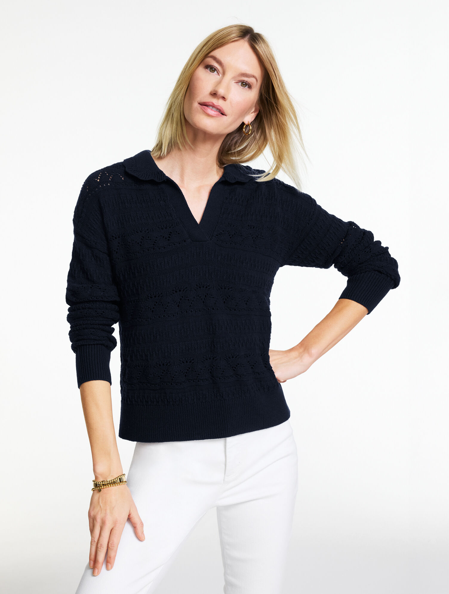Pointelle Johnny Collar Sweater