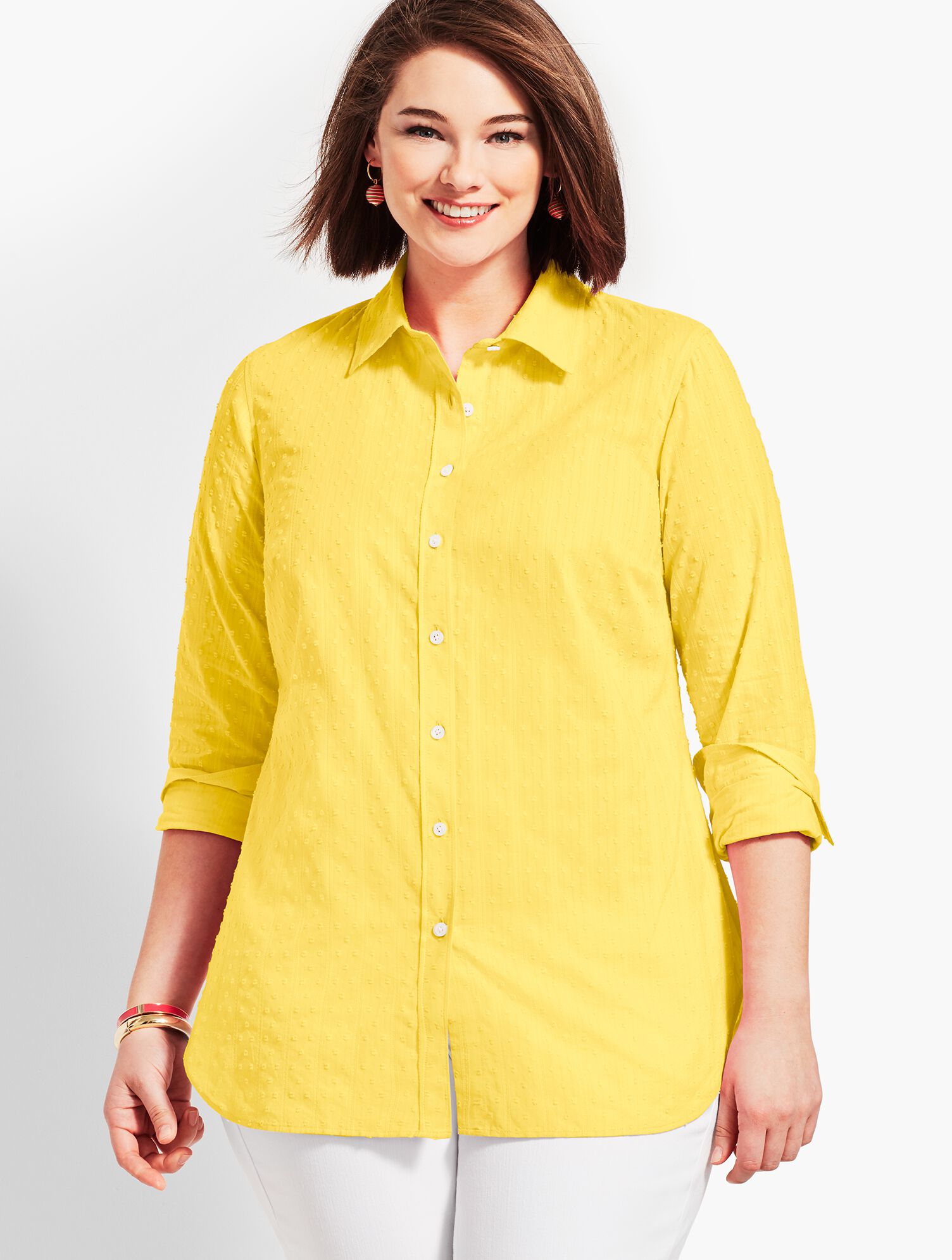 Long Sleeve Solid Shadow Swiss Dot Button Front Shirt