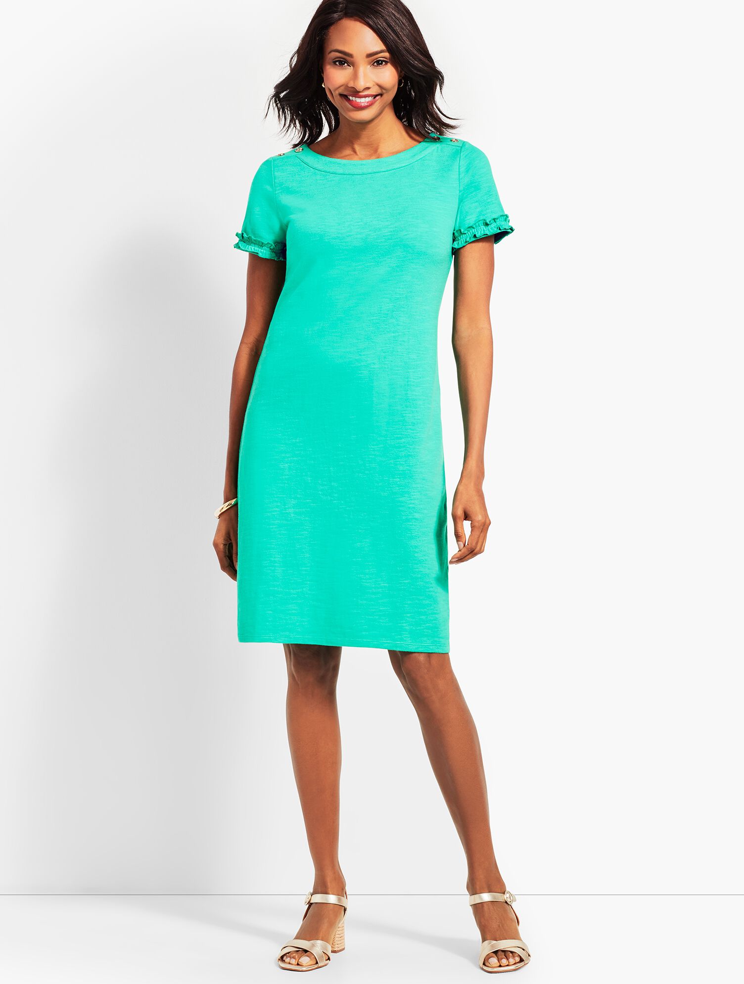 Ruffle-Sleeve Slub Jersey Shift Dress