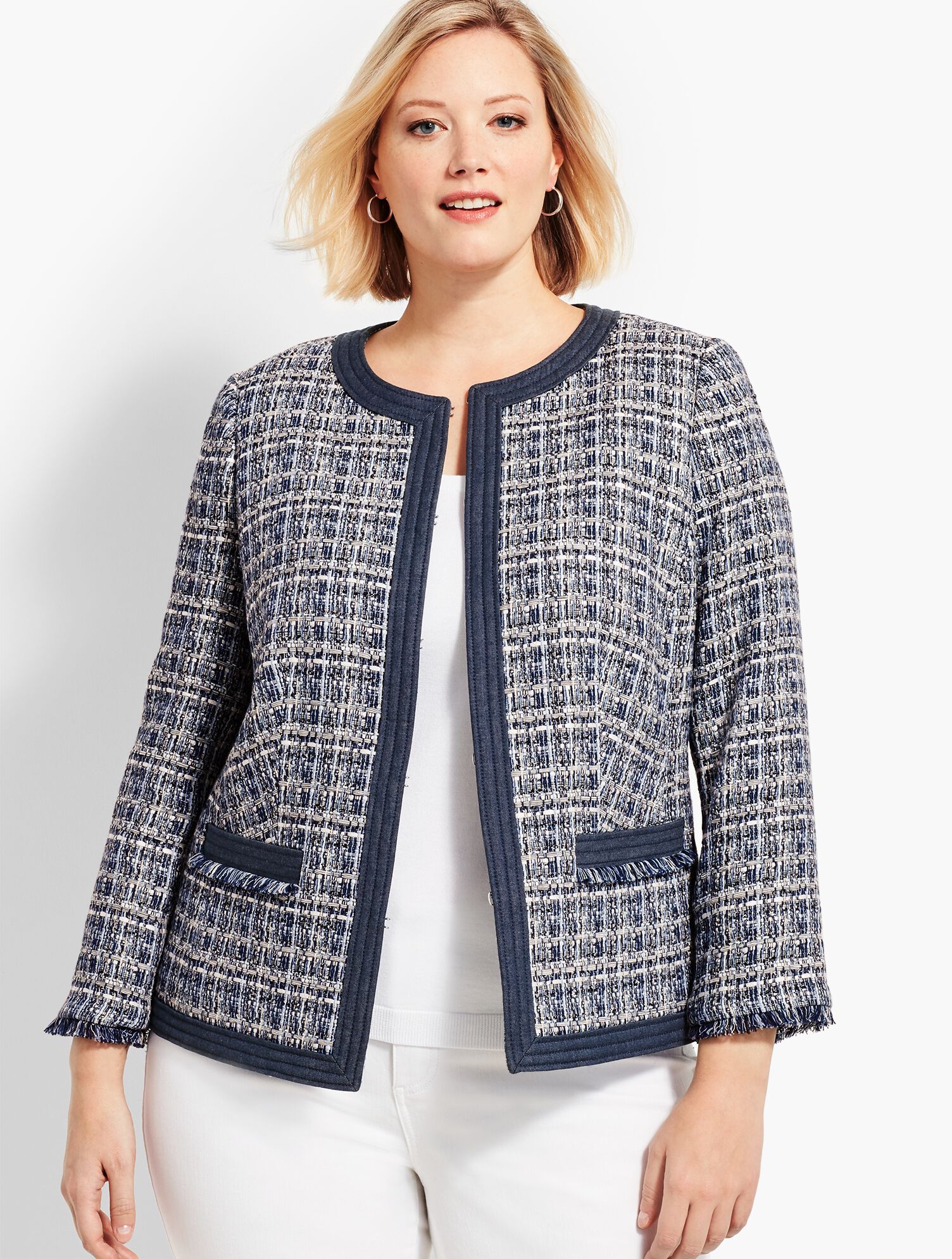 Chambray-Trim Tweed Jacket