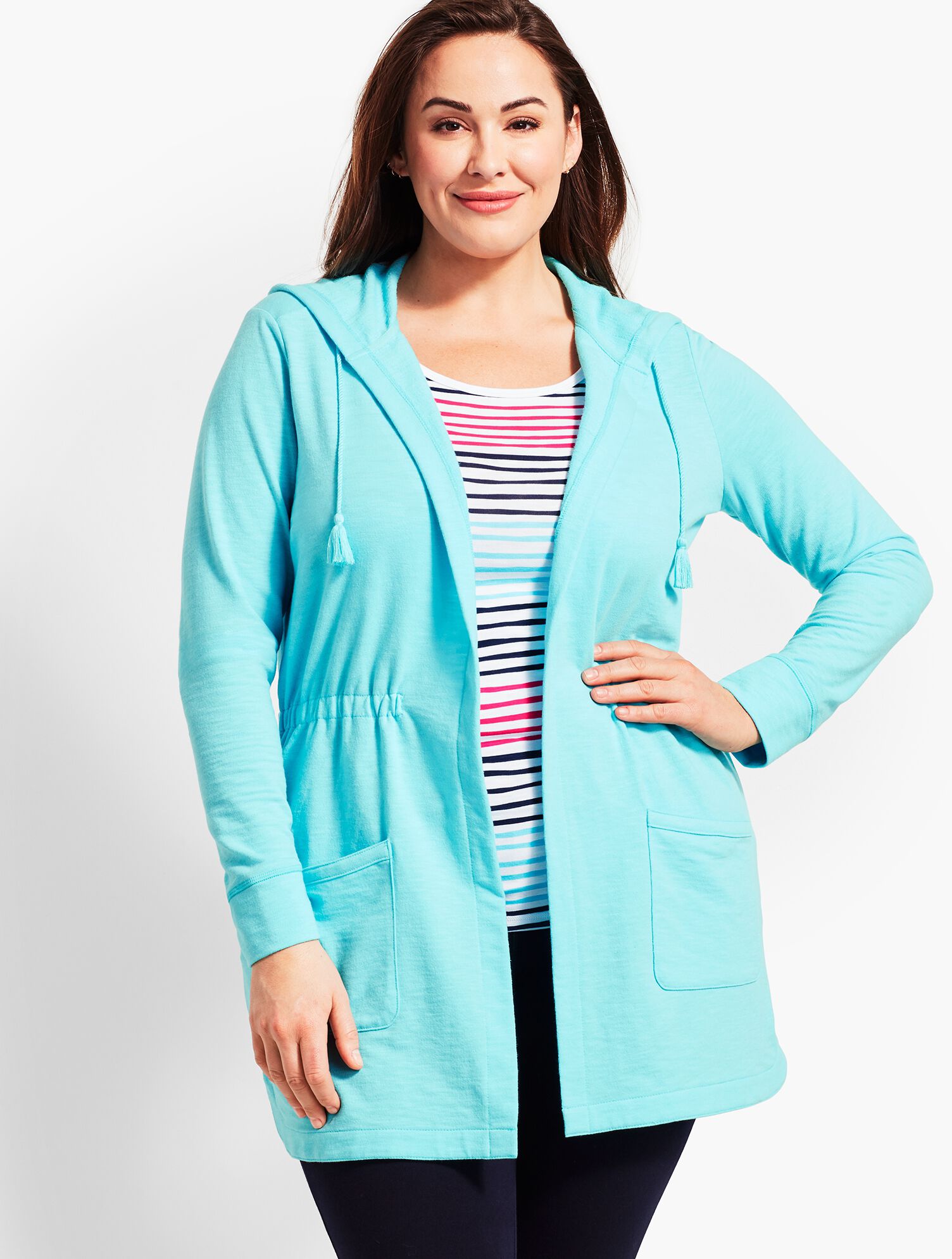 Slub Terry Cinched-Waist Hooded Cardigan