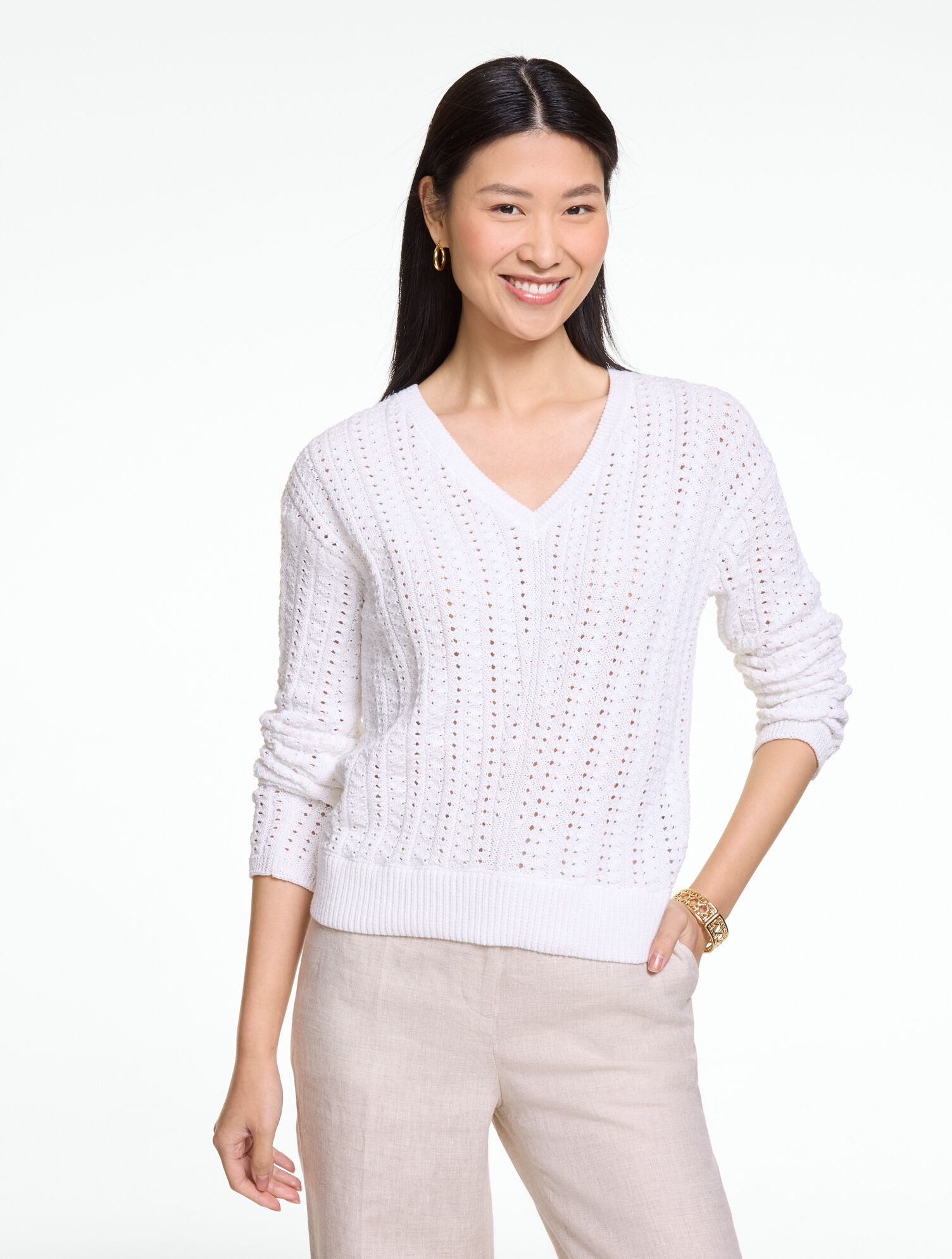 Chevron Pointelle V-Neck Pullover
