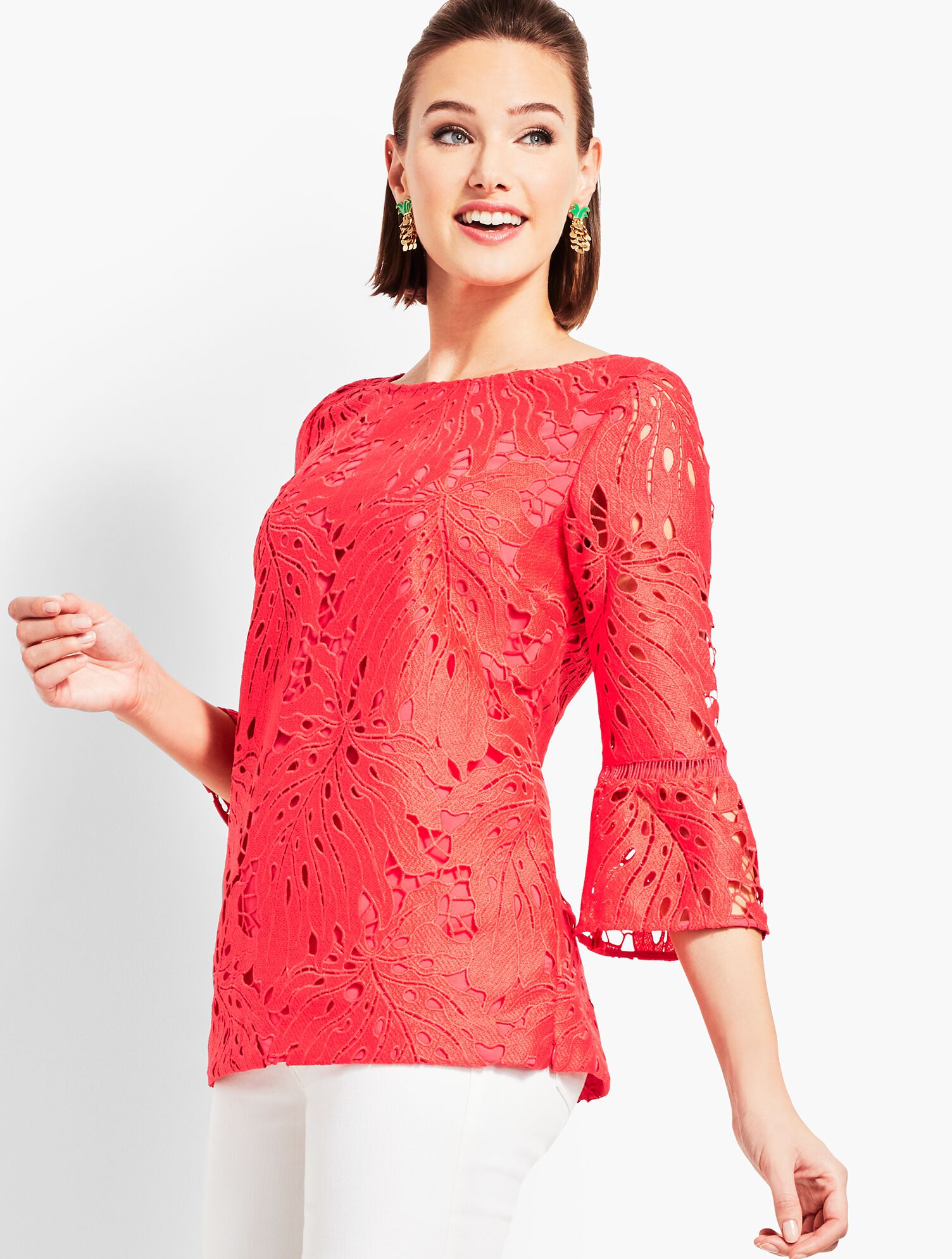 Leaf-Lace Flounce-Sleeve Top