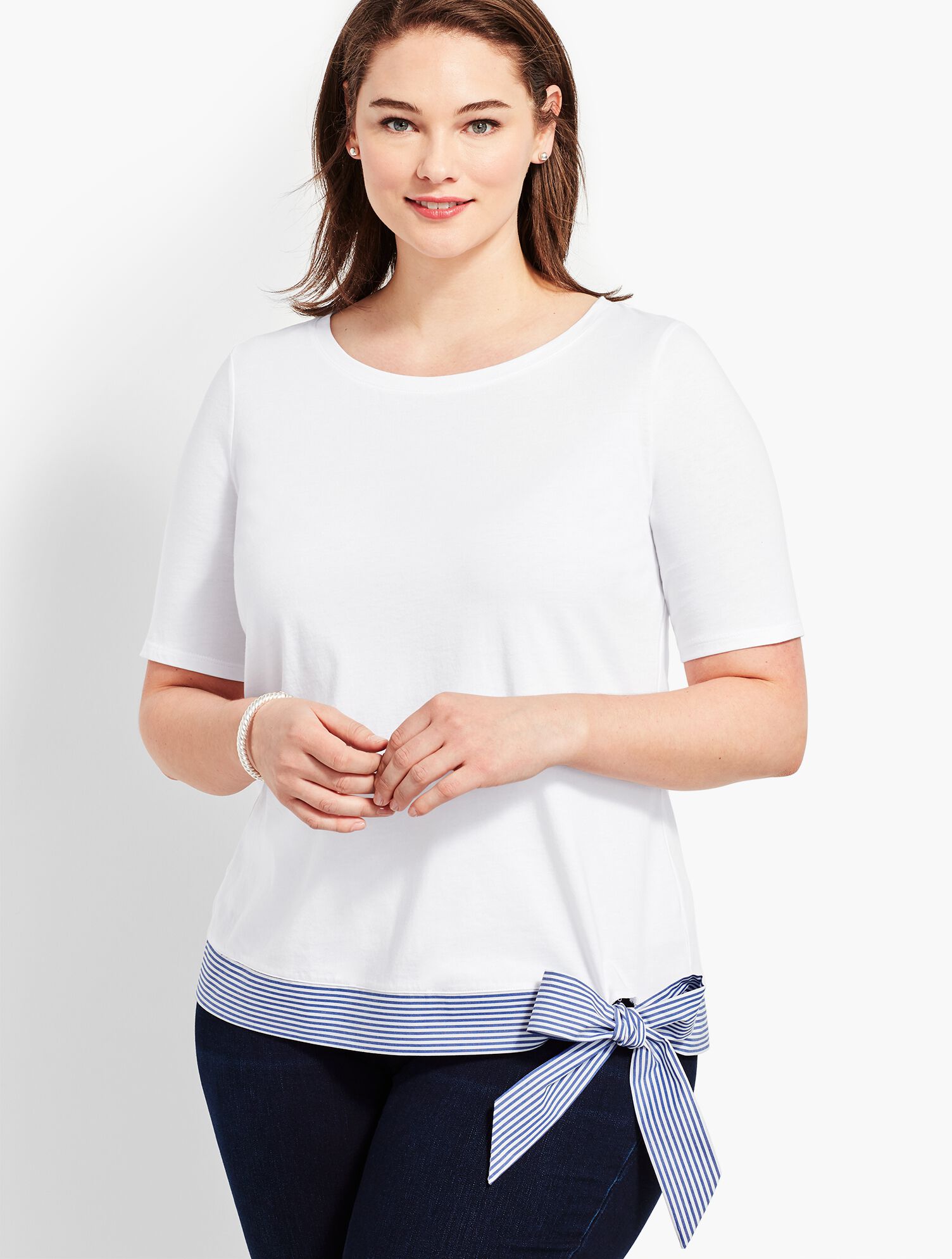 Elbow-Sleeve Tee With Striped Hem and Bow