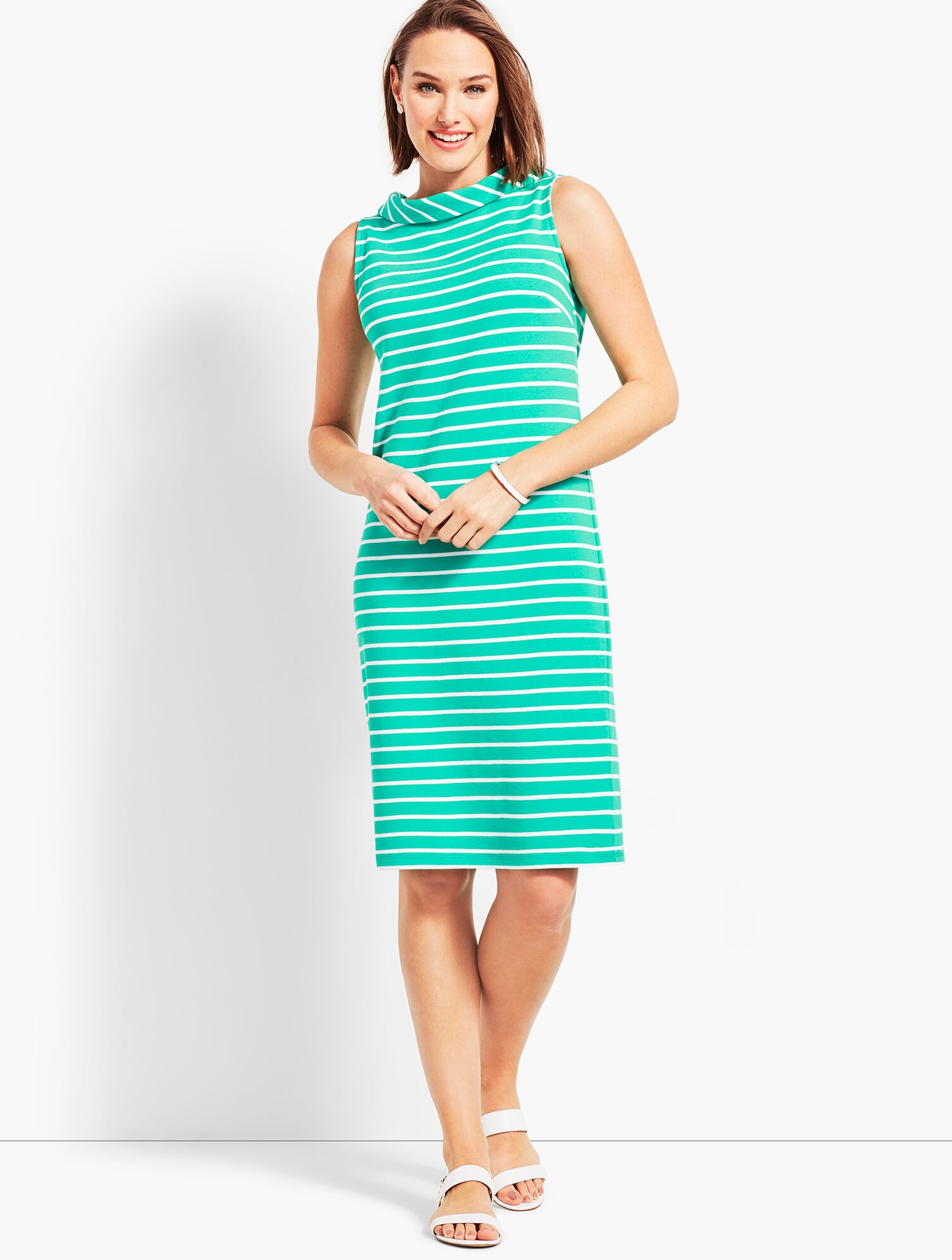Audrey-Neck Stripe Interlock Shift Dress