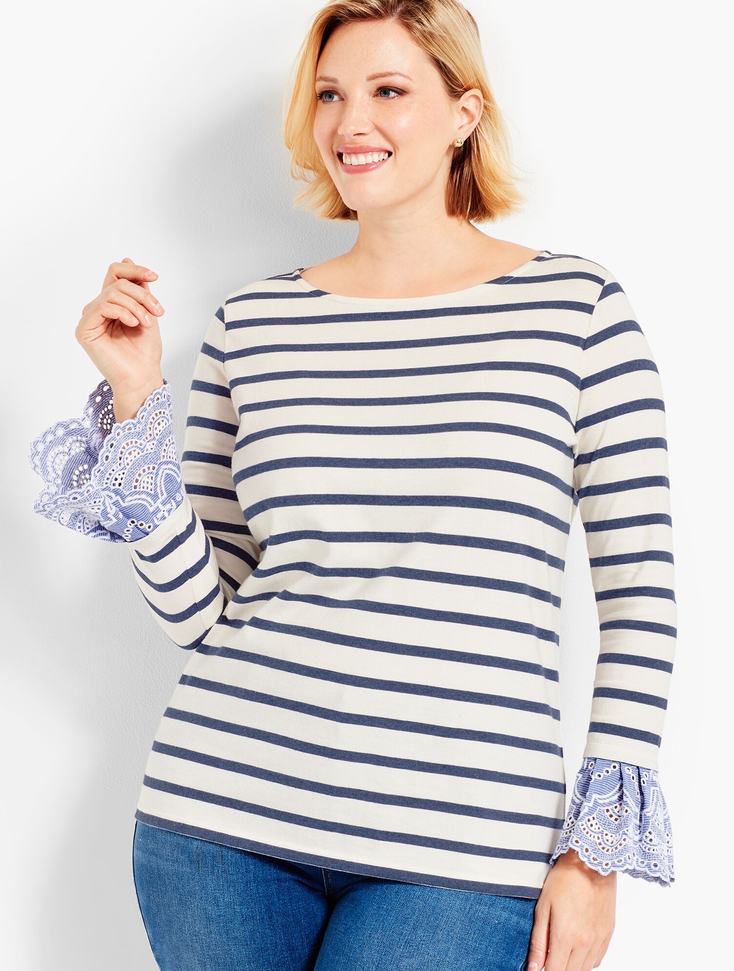 Stripe Ruffle Woven-Cuff Top