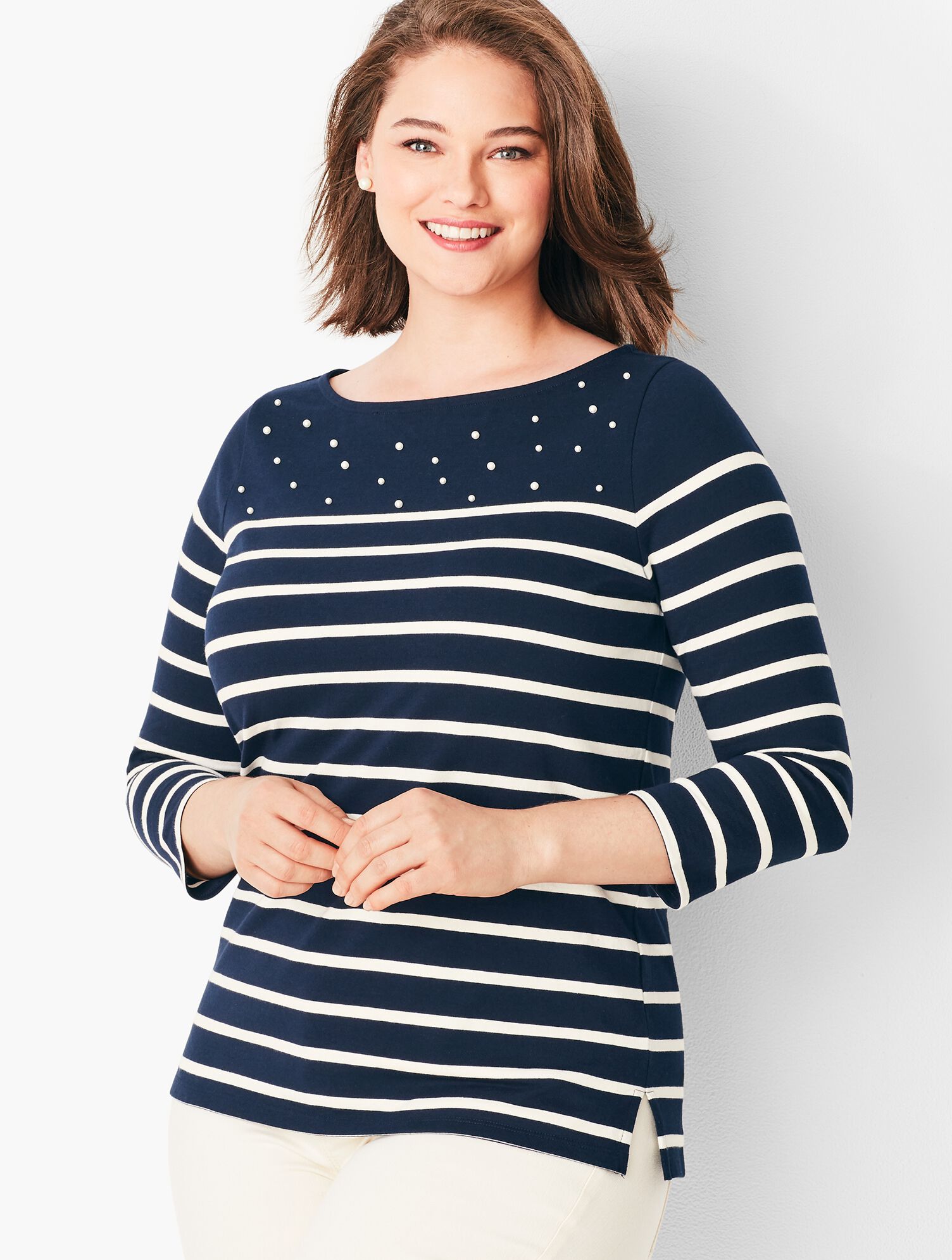 Stripe Pearl-Embellished Cotton Top