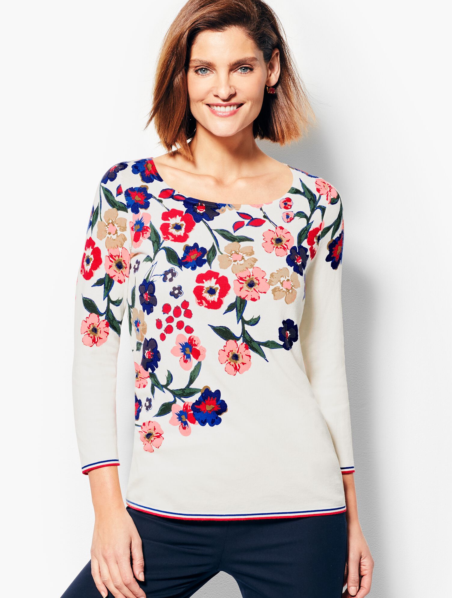 Three-Quarter-Sleeve Cascading Botanicals Sweater