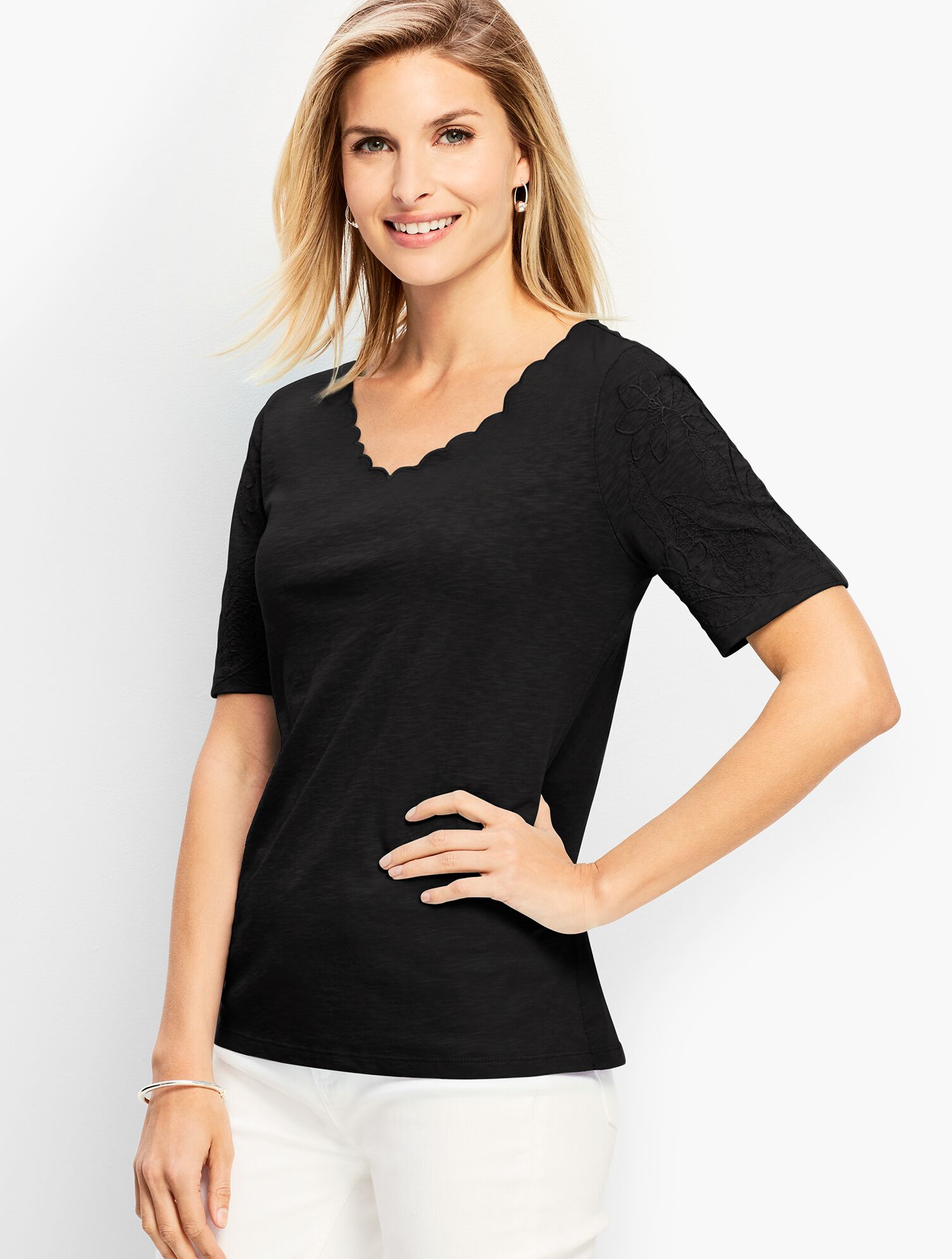 Scalloped V-Neck Embroidered-Sleeve Tee