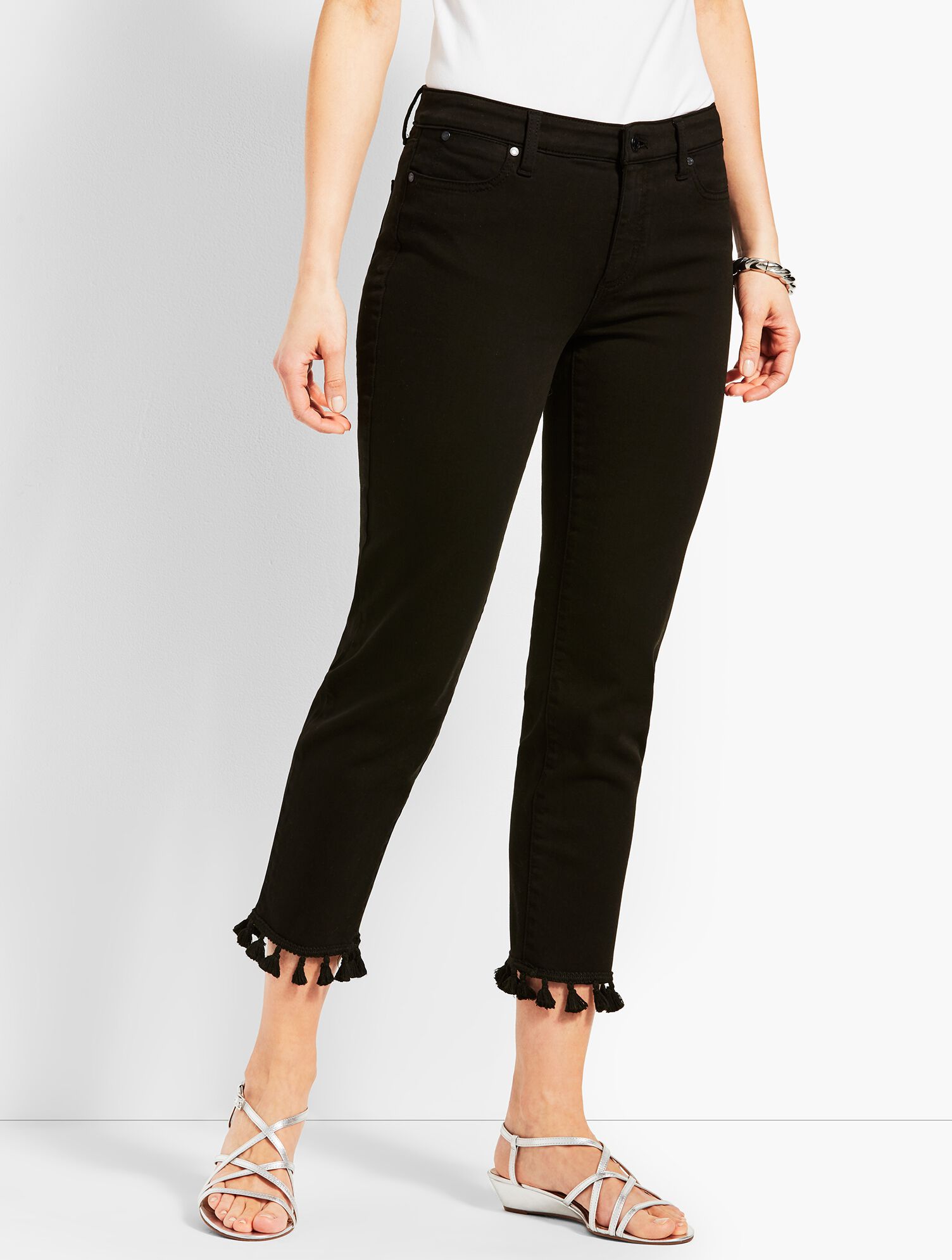 Tassel Hem Denim Straight Crop - Black