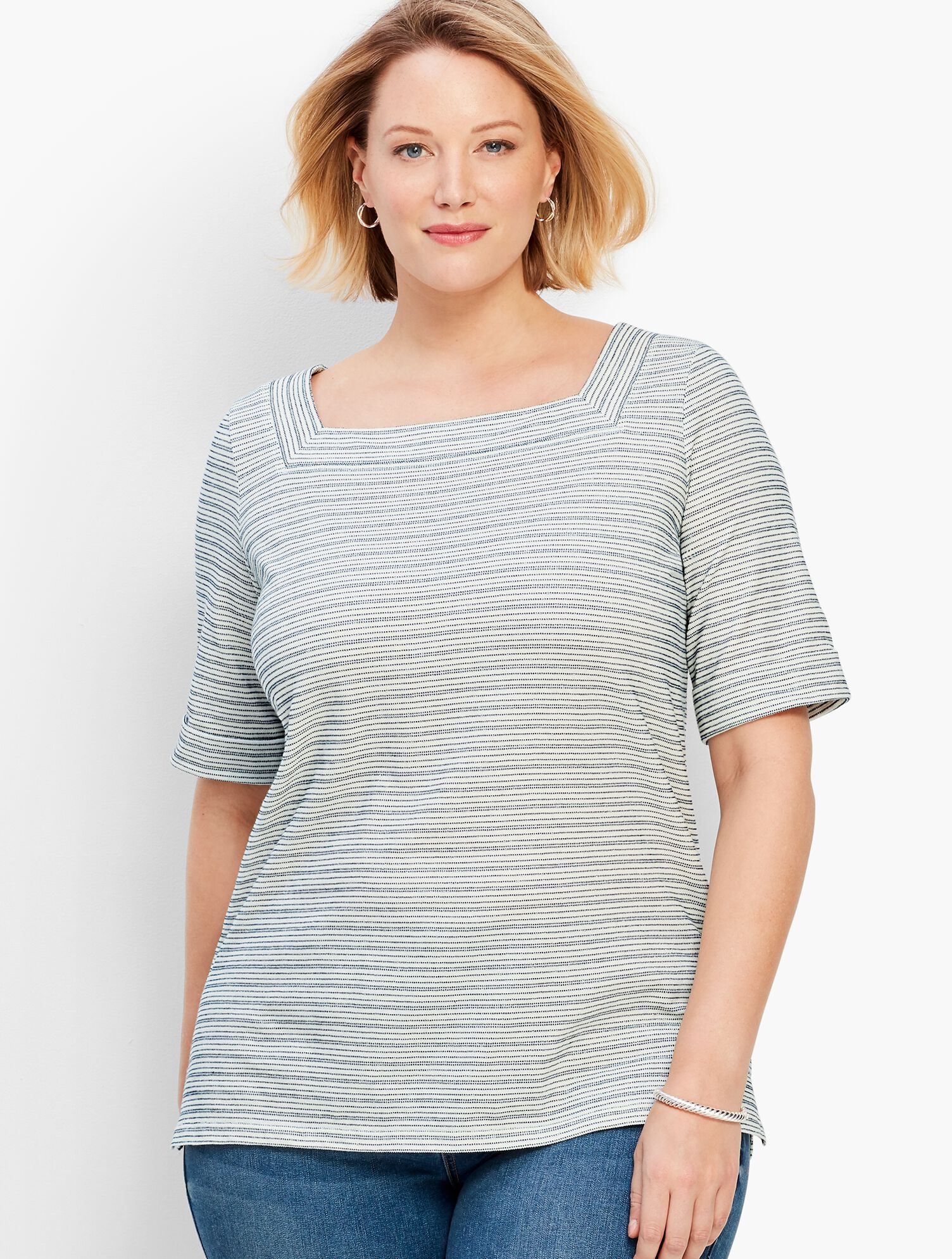 Roll-Cuff Square-Neck Tee - Metallic Stripe