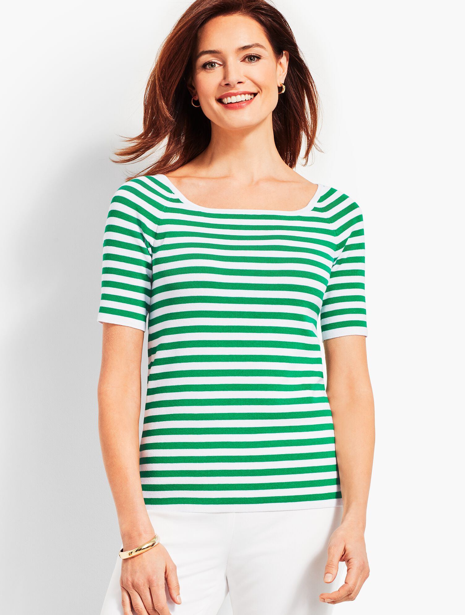 Resort Stripe Square-Neck Elbow-Sleeve Sweater Topper